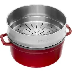 Staub Cocotte Med Dampindsats 26 Cm, Rund, Kirsebærrød, Støbejern -Køkkenudstyr Butik 40510601 1