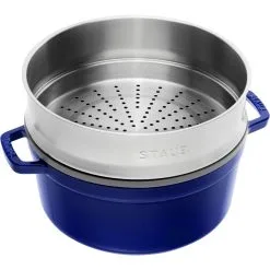 Staub Cocotte Med Dampindsats 26 Cm, Rund, Mørk-Blå, Støbejern -Køkkenudstyr Butik 40510604 1
